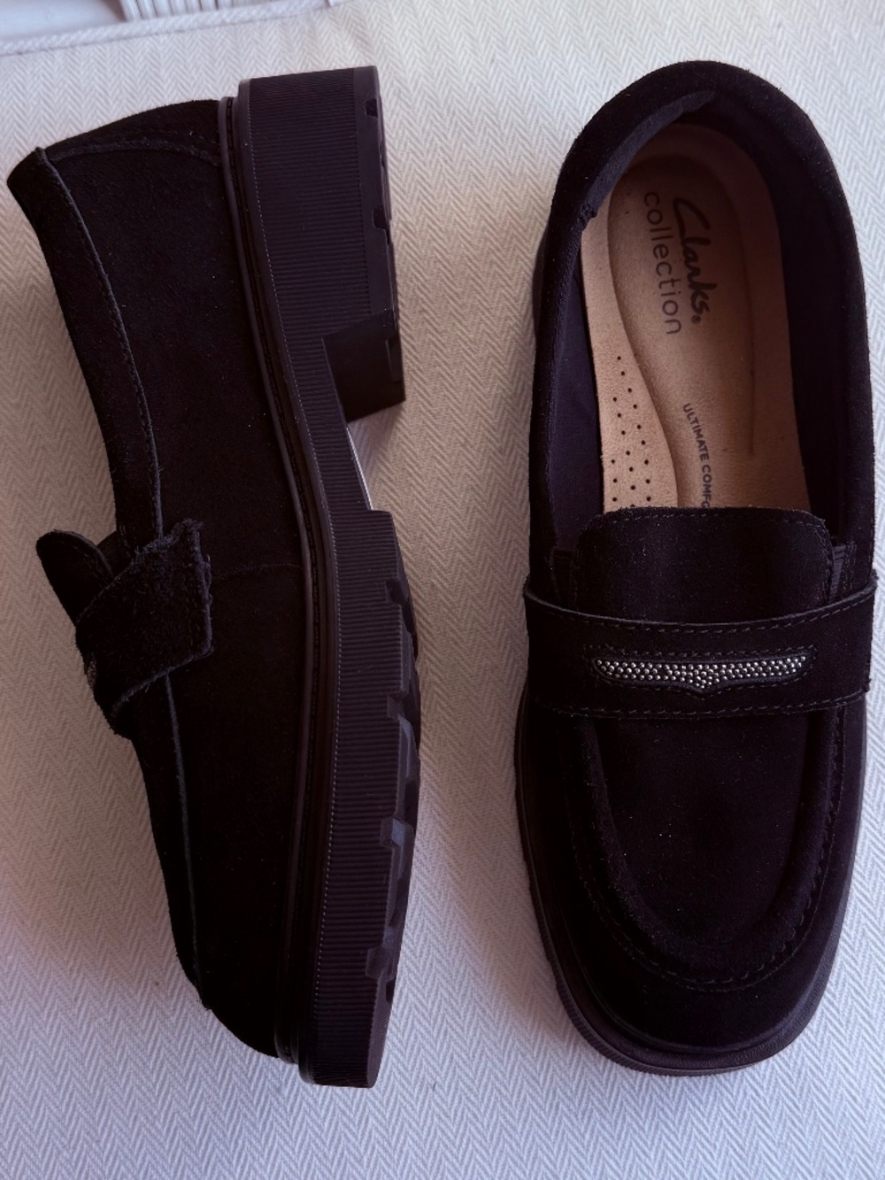 Clarks Lauryl Step Black Suede Penny Loafers Shoes Size 7 M NWOB